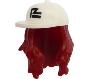 LEGO Dark Red Long Wavy Hair with White Cap with Black Logo (66980)