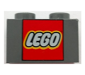 LEGO Tmavě kamenná šedá Kostka 1 x 2 s LEGO logo se spodní trubičkou (42481 / 50831)