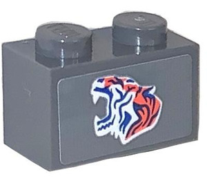 LEGO Gris pierre foncé Brique 1 x 2 avec Roaring tigre (open Mouth La gauche) Autocollant avec tube inférieur (3004)