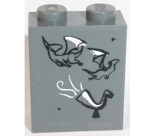 LEGO Dark Stone Gray Brick 1 x 2 x 2 with Dragons and horn (Both Sides) Sticker with Inside Stud Holder (3245)