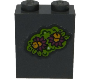 LEGO Dark Stone Gray Brick 1 x 2 x 2 with Orange and Magenta Flower with Green Leaves Sticker with Inside Axle Holder (3245)