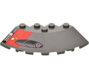 LEGO Dunkles Steingrau Backstein 6 x 6 Runden (25°) Ecke mit rot Platz und Launcher (Links) Aufkleber (95188)