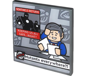 LEGO Dark Stone Gray Tile 4 x 4 with Newscaster on Screen Sentinels Return Keeping us all safe... Right? Mutants everywhere!? Sticker