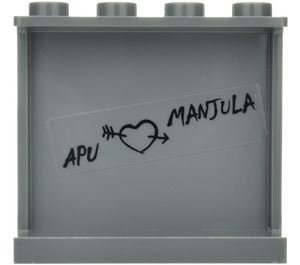 LEGO Dark Stone Gray Panel 1 x 4 x 3 with 'APU' Heart 'MANJULA' Graffiti Sticker with Side Supports, Hollow Studs (35323)