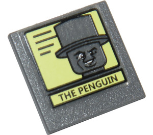 LEGO Dark Stone Gray Roadsign Clip-on 2 x 2 Square with Black Lines on Yellow Background and 'THE PENGUIN' Portrait Sticker with Open 'O' Clip (15210)