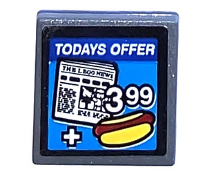 LEGO Dark Stone Gray Roadsign Clip-on 2 x 2 Square with Todays Offer Hotdog   newspaper 3.99 Sticker with Open 'O' Clip (15210)