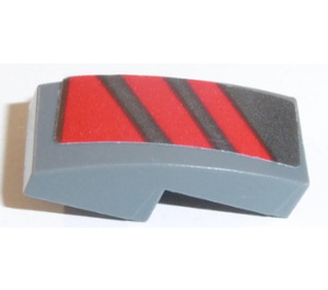 LEGO Dark Stone Gray Slope 1 x 2 Curved with Red Diagonal Stripes (Right) Sticker (11477)