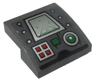 LEGO Dark Stone Gray Slope 2 x 2 Curved with Silver Screen, 4 Red Buttons, Green Button, Green Light and 6 Rivets Sticker (15068)