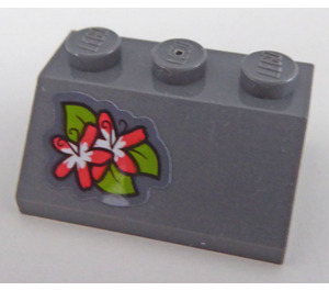 LEGO Dunkles Steingrau Steigung 2 x 3 (45°) mit Zwei Pink und Weiß Blumen auf Leave Aufkleber (3038)