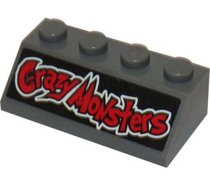 LEGO Dark Stone Gray Slope 2 x 4 (45°) with 'Crazy Monsters' Sticker with Rough Surface (3037)