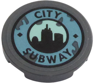 LEGO Dark Stone Gray Tile 2 x 2 Round with 'CITY SUBWAY' Sticker with Bottom Stud Holder (14769)