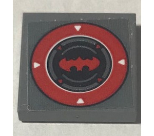 LEGO Dark Stone Gray Tile 2 x 2 with batman logo and red circle Sticker with Groove (3068)