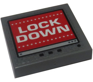 LEGO Dark Stone Gray Tile 2 x 2 with 'LOCK DOWN' Sticker with Groove (3068)