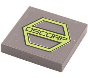 LEGO Dark Stone Gray Tile 2 x 2 with 'Oscorp' Logo Sticker with Groove (3068)