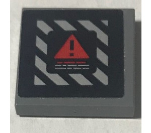 LEGO Dark Stone Gray Tile 2 x 2 with red warning triangle and black and white diagonal lines Sticker with Groove (3068)