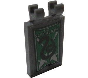 LEGO Dark Stone Gray Tile 2 x 3 with Horizontal Clips with 'GO SLYTHERIN' and Snake Banner Sticker (Thick Open 'O' Clips) (30350)
