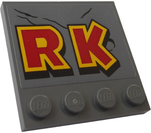 LEGO Dark Stone Gray Tile 4 x 4 with Studs on Edge with Yellow-Red 'RK' Sticker (6179)