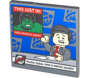 LEGO Dark Stone Gray Tile 4 x 4 with TV Screen with 'THIS JUST IN: Hulk smashes again!’ Sticker (1751)