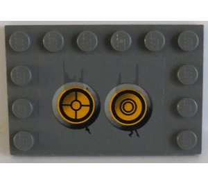 LEGO Dark Stone Gray Tile 4 x 6 with Studs on 3 Edges with Yellow Circles (Bionicle Code), Type 1 Sticker (6180)