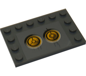 LEGO Dunkles Steingrau Fliese 4 x 6 mit Bolzen auf 3 Edges mit Gelb Circles (Bionicle Code), Type 2 Aufkleber (6180)