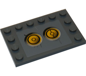 LEGO Dunkles Steingrau Fliese 4 x 6 mit Bolzen auf 3 Edges mit Gelb Circles (Bionicle Code), Type 3 Aufkleber (6180)
