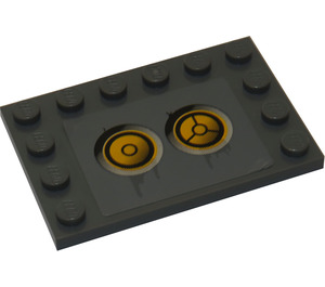 LEGO Donker Steengrijs Tegel 4 x 6 met Studs Aan 3 Edges met Geel Circles (Bionicle Code), Type 5 Sticker (6180)