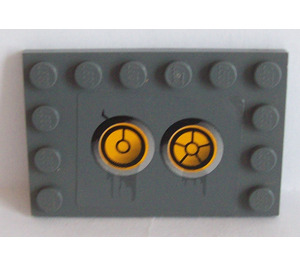 LEGO Dark Stone Gray Tile 4 x 6 with Studs on 3 Edges with Yellow Circles (Bionicle Code), Type 6 Sticker (6180)