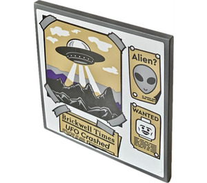 LEGO Dark Stone Gray Tile 6 x 6 with Pin Board with Ufo, Alien, Wanted & Brickewell Times Ufo Crashed Sticker with Bottom Tubes (10202)
