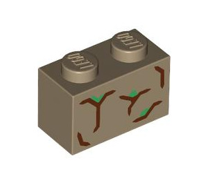 LEGO Dark Tan Brick 1 x 2 with Brown and Green Lines with Bottom Tube (3004 / 106175)