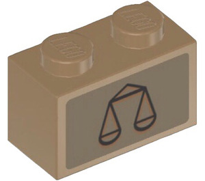 LEGO Dark Tan Brick 1 x 2 with Justice Scales Sticker with Bottom Tube (3004)