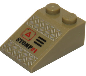 LEGO Dark Tan Slope 2 x 3 (25°) with 'STOMPTread Plates, Grille, Red Triangle and 'STOMP Sticker with Rough Surface (3298)