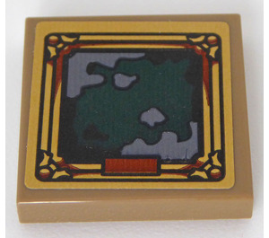 LEGO Dunkel Beige Fliese 2 x 2 mit Gold Rahmen und Dark Green Creature Aufkleber mit Nut (3068)