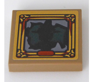 LEGO Donker Zandbruin Tegel 2 x 2 met Gold Kader en Dark Green Patroon Sticker met groef (3068)