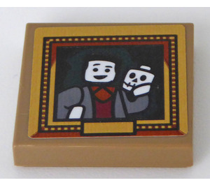 LEGO Donker Zandbruin Tegel 2 x 2 met Gold Kader en Man Holding Skelet Hoofd in Hand Sticker met groef (3068)