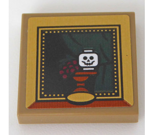 LEGO Dark Tan Tile 2 x 2 with Gold Frame and Skeleton Head and Grapes in a Cup Sticker with Groove (3068)