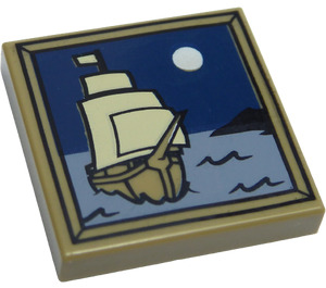 LEGO Dunkel Beige Fliese 2 x 2 mit Moon und Ship auf Water mit Nut (3068 / 97350)