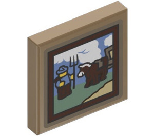 LEGO Dark Tan Tile 2 x 2 with Painting of Farmer and Cow Sticker with Groove (3068)
