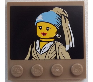 LEGO Dark Tan Tile 4 x 4 with Studs on Edge with Paint of a female Minifig Sticker (6179)