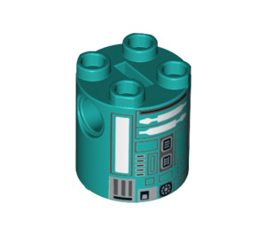 LEGO Dark Turquoise Brick 2 x 2 x 2 Round with Robot Body with Silver Lines and White and Silver Pattern with Bottom Axle Holder 'x' Shape '+' Orientation (30361 / 64226)