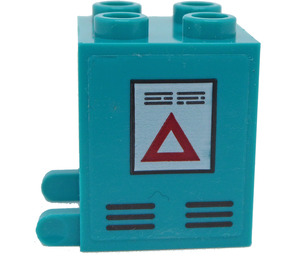 LEGO Dark Turquoise Container 2 x 2 x 2 with Red Triangle, Black Lines on Both Side Sticker with Recessed Studs (4345)