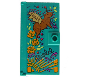 LEGO Dark Turquoise Door 1 x 4 x 6 with Stud Handle with Unicorn, Roses and Black 'Mirabel' and Photographs on the Other Side Sticker (35290)