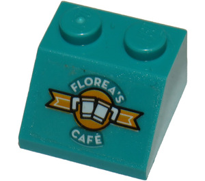 LEGO Dark Turquoise Slope 2 x 2 (45°) with 'FLOREA'S CAFE' and Cups Pattern Sticker (3039)