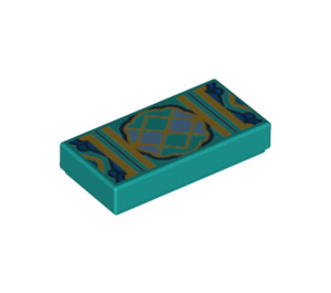 LEGO Dark Turquoise Tile 1 x 2 with Gold and Blue with Groove (3069 / 67558)