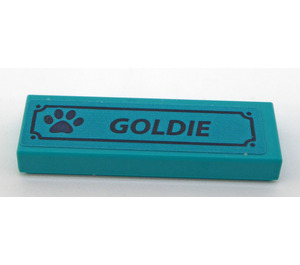 LEGO Dark Turquoise Tile 1 x 3 with Black Dog Paw Print and 'GOLDIE' Sticker (63864)