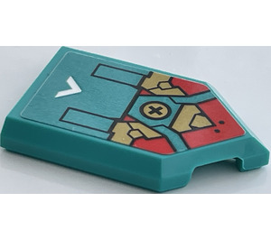 LEGO Dark Turquoise Tile 2 x 3 Pentagonal with Red and Gold Detail Sticker (22385)