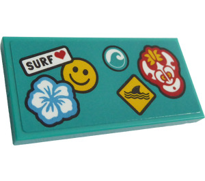LEGO Dark Turquoise Tile 2 x 4 with Flower, Emoji, Mask, Wave, Shark Fin and 'SURF' Sticker (87079)