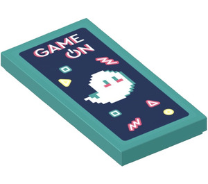 LEGO Dark Turquoise Tile 2 x 4 with ‘GAME ON’ and Pixelated Ghost Sticker (87079)
