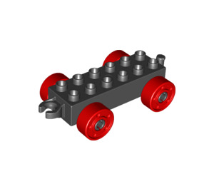LEGO Duplo Black Car Chassis 2 x 6 with Red Wheels (Modern Open Hitch) (14639 / 74656)