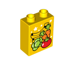 LEGO Duplo Backstein 1 x 2 x 2 mit bananas, carrots, broccoli und tomato mit Unterrohr (15847 / 29326)