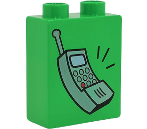 LEGO Duplo Bright Green Brick 1 x 2 x 2 with Cell Phone without Bottom Tube (4066 / 42657)